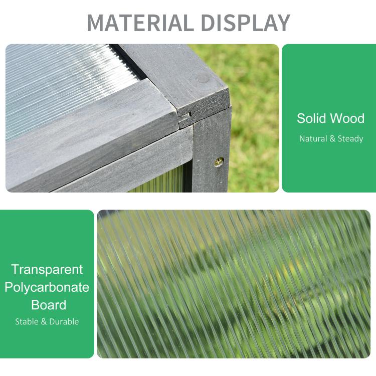 Mini cold frame greenhouse showing gray solid-wood frame and transparent polycarbonate board