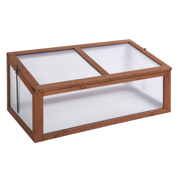 Mini wooden cold frame greenhouse with clear polycarbonate walls and flat top lid