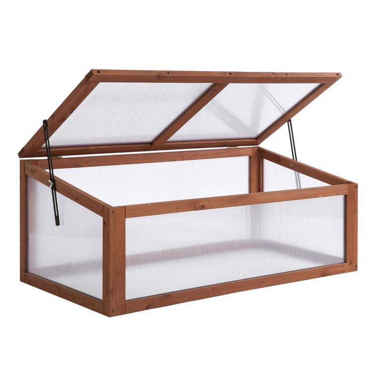 Wooden mini cold frame greenhouse with open lid and transparent polycarbonate panels