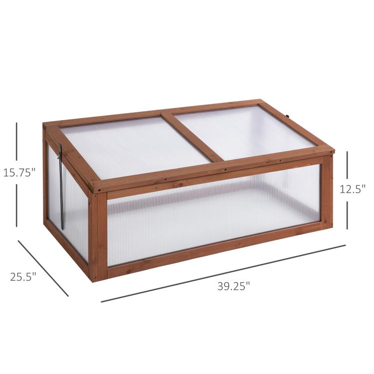 Mini wooden cold frame greenhouse with clear polycarbonate sides and hinged top