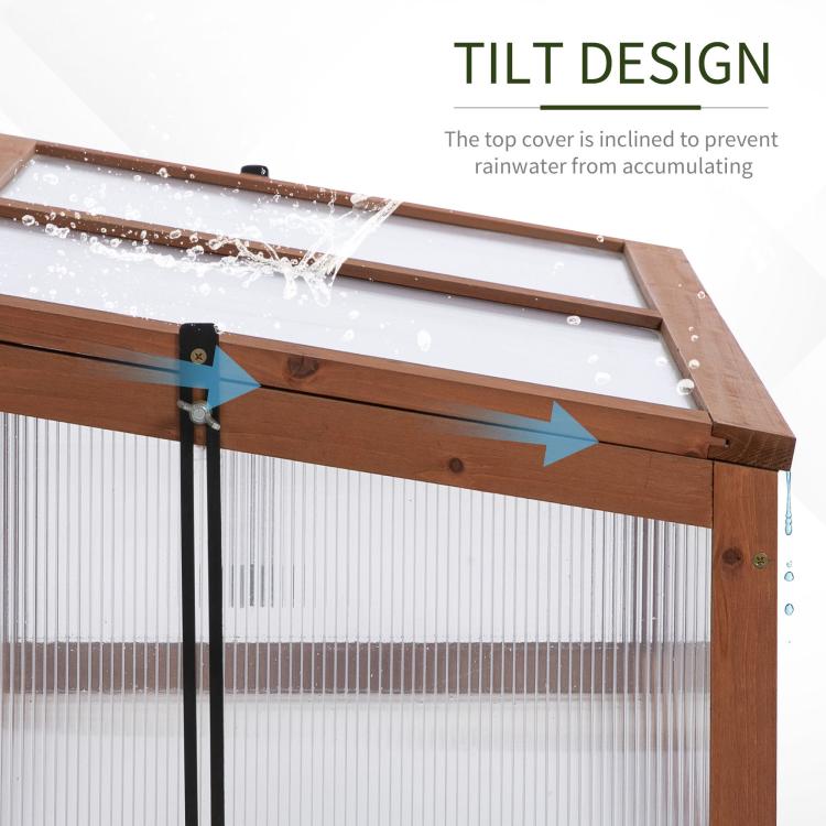Wood cold frame greenhouse with hinged sloped lid and metal support pole