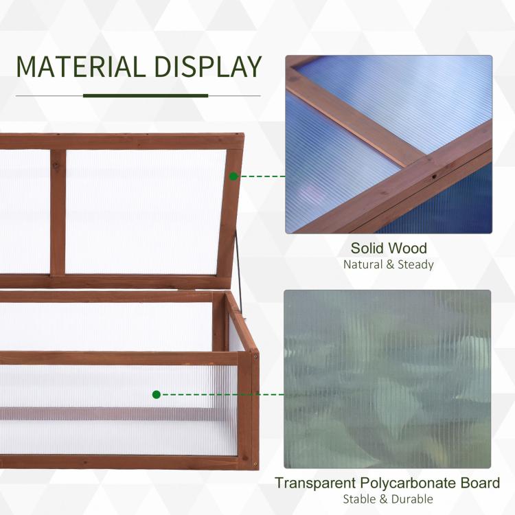 Mini cold frame greenhouse showing solid wood frame and transparent polycarbonate board