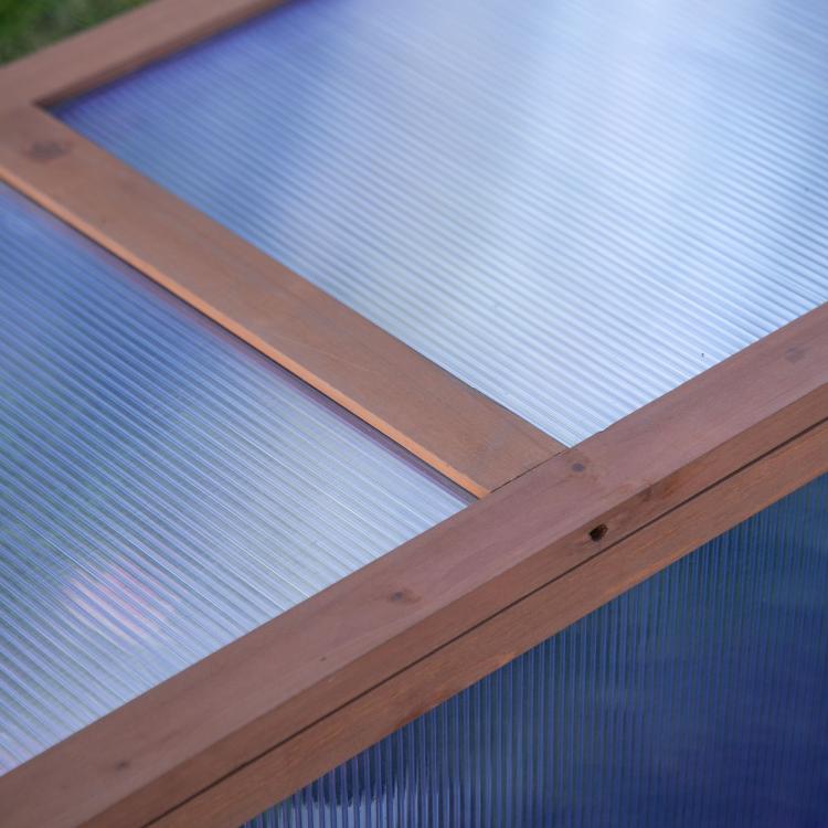 Transparent polycarbonate panel and wooden frame corner for mini cold frame greenhouse