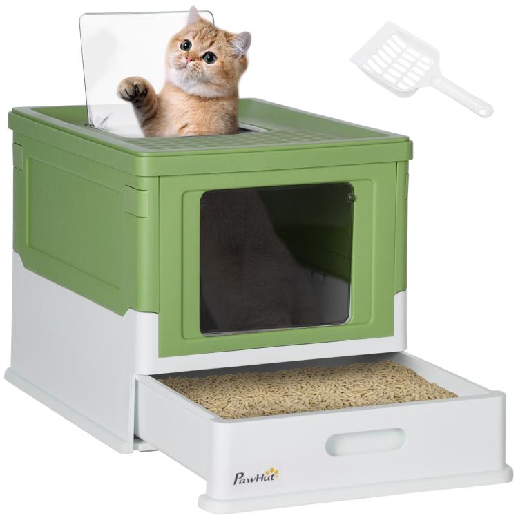 Green and white enclosed cat litter box with front entry, top hatch visible