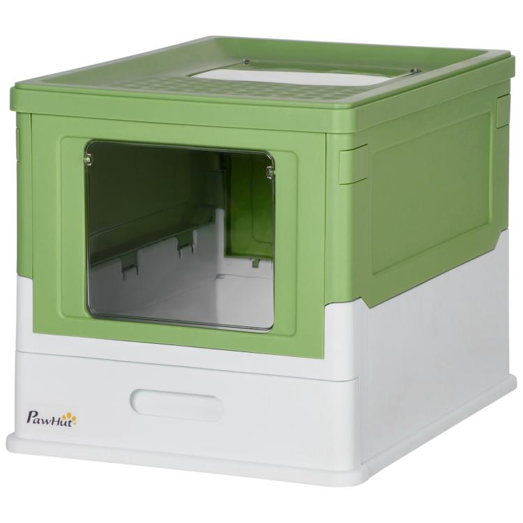 Green and white enclosed cat litter box with large front door opening