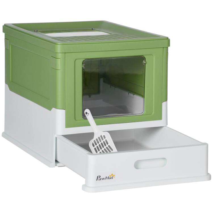 Green and white cat litter box with front entry window and removable scoop tray