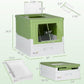 Green and white enclosed cat litter box shown with size measurements