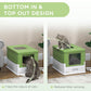 Green and white cat litter box with front entry and top exit design, cat inside