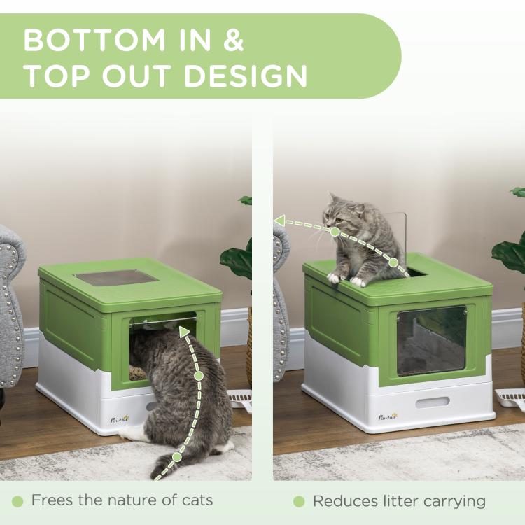 Green and white cat litter box with front entry and top exit design, cat inside