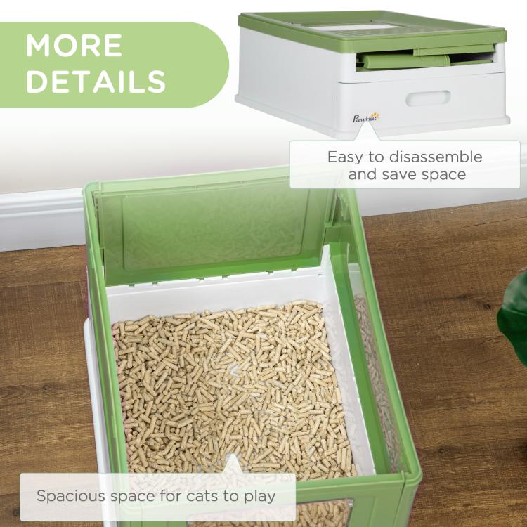 Enclosed cat litter box with open top panel revealing filled litter tray