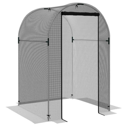 Galvanized steel plant protection tent with black frame, mesh sides, and zipped front door