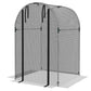 Galvanized steel plant protection tent with black frame and zippered double doors, mesh sides