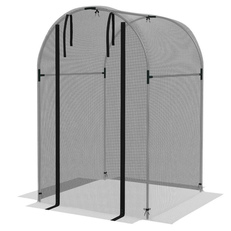 Galvanized steel plant protection tent with black frame and zippered double doors, mesh sides