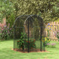 Black-framed galvanized plant protection tent over a raised garden bed with mesh walls