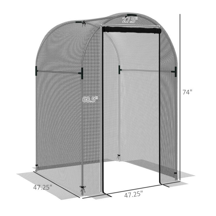 Galvanized steel plant protection tent with black frame, mesh walls, and front zip door