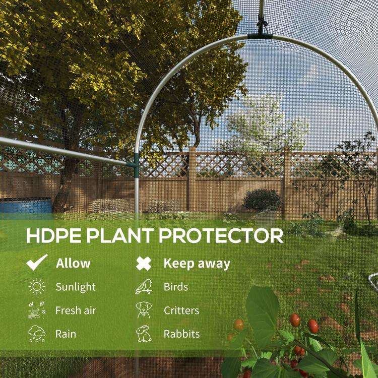 Black-framed galvanized plant protector tent with arched mesh panels