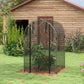 Galvanized steel plant protection tent with black frame, arched mesh sides, and open door