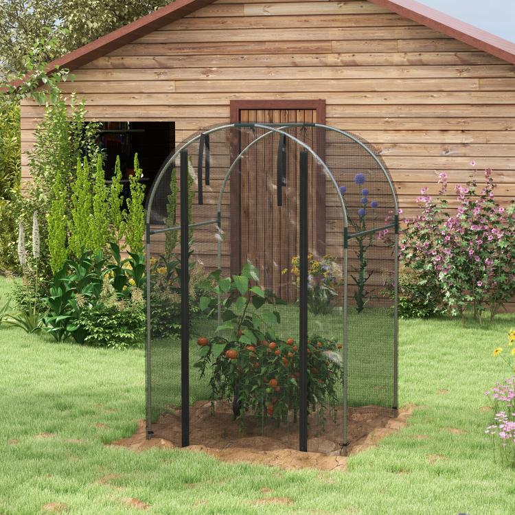Galvanized steel plant protection tent with black frame, arched mesh sides, and open door