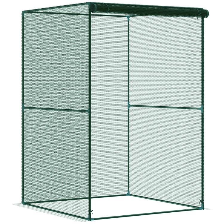 Dark green square mesh plant cage, front view with open side panels