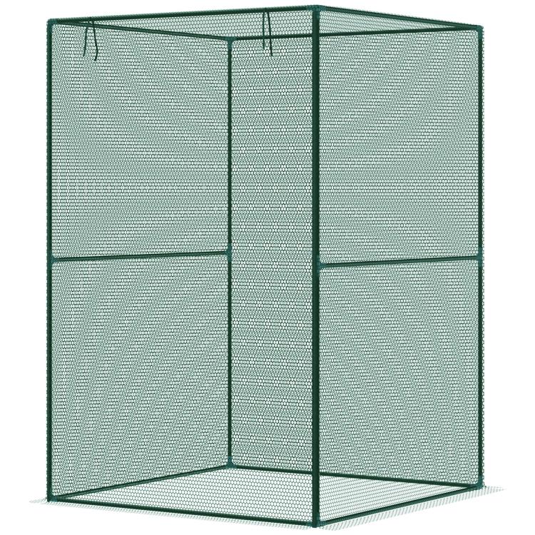 Dark green walk-in mesh plant cage, corner view with four mesh panels