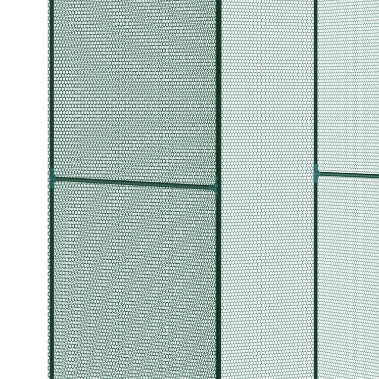 Dark green mesh plant protector cage panel with metal frame and grid openings