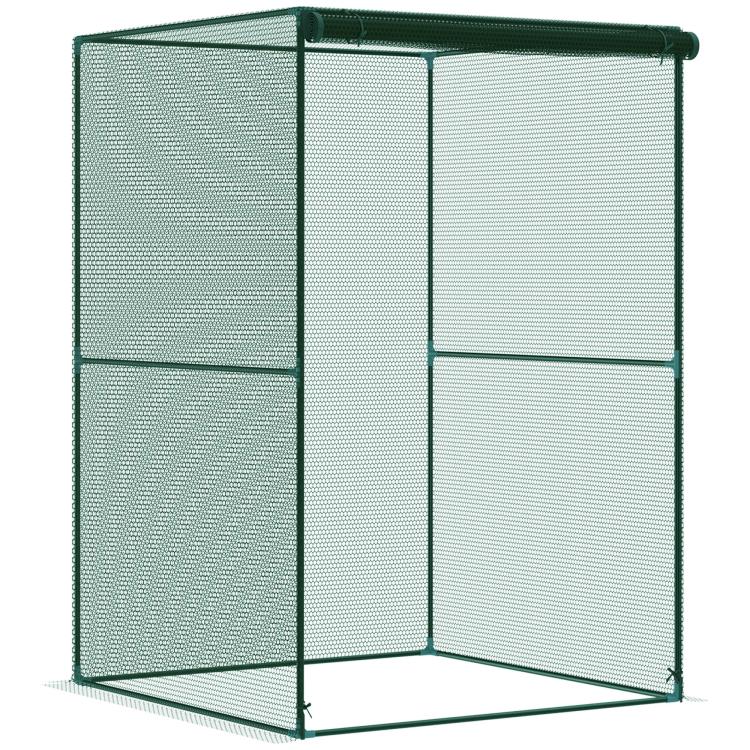 Dark green walk-in mesh plant protector enclosure with front door access