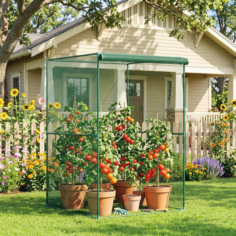 Dark green mesh walk-in plant protector cage with zip-front access