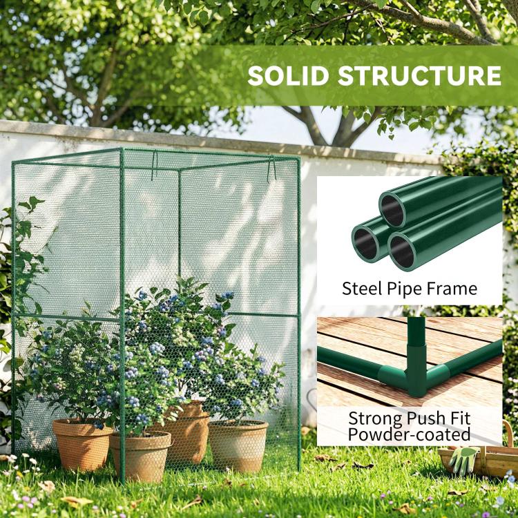 Dark green mesh walk-in plant cage with steel pipe frame callouts