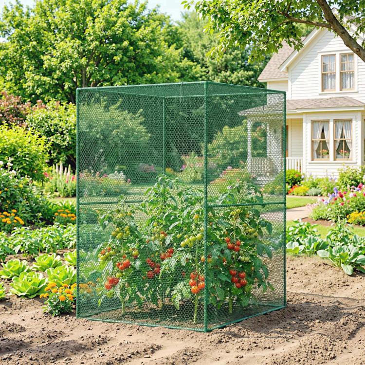 Dark green walk-in mesh plant protector cage with fruiting plants inside
