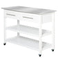 White kitchen island cart with stainless top and two open shelves, on caster wheels