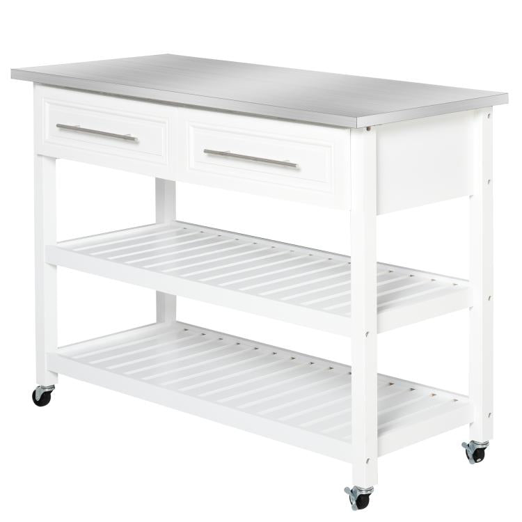White kitchen island cart with stainless top and two open shelves, on caster wheels