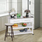 White kitchen island cart with stainless top, drawers, open shelves, and locking wheels