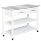 White storage cart with gray stainless top, two open shelves, and caster wheels