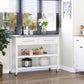 White kitchen island cart with stainless top, two open shelves, drawers, and caster wheels