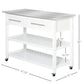 White kitchen island cart with stainless top, two open shelves, drawers, and casters