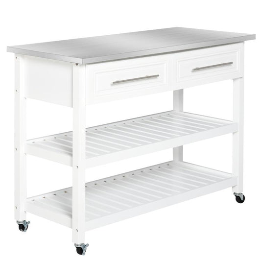 Kitchen Island with Stainless Steel Top, Traditional Kitchen Island with Storage, Butcher Block Cart 2-Tier Open Shelves, Drawers, White