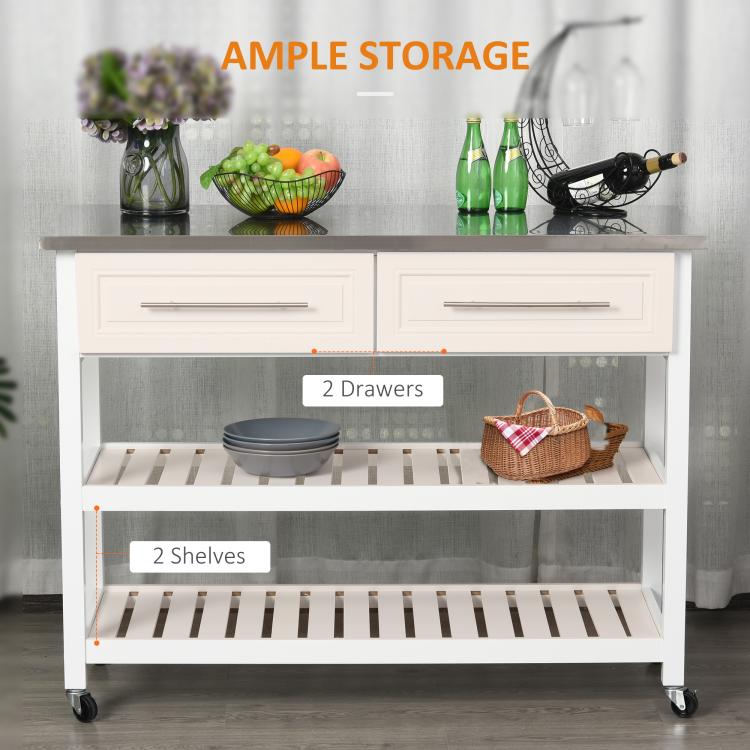 White kitchen island cart with drawers and two open shelves, stocked with kitchen items