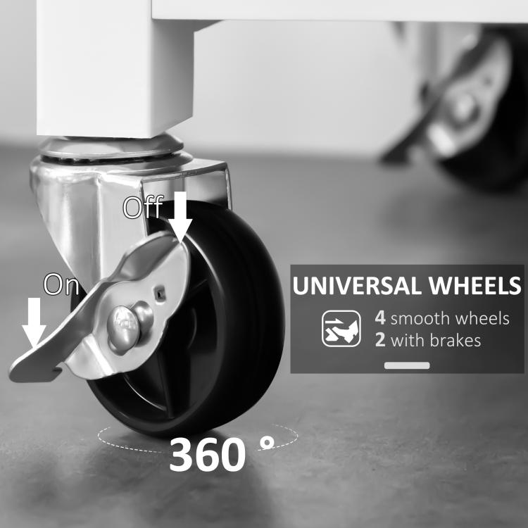 Close-up of caster wheel on kitchen island cart with brake on one wheel