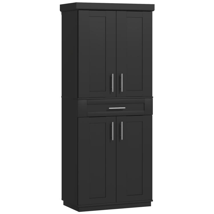 Black freestanding pantry cabinet with upper and lower doors and center drawers