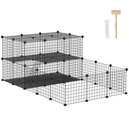 Black metal pet playpen with wire mesh walls and multi-level dark platforms