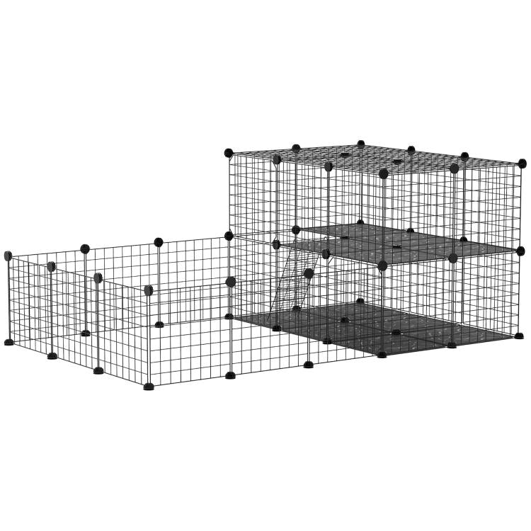 Black wire mesh pet playpen with stacked platforms and open multi-room layout