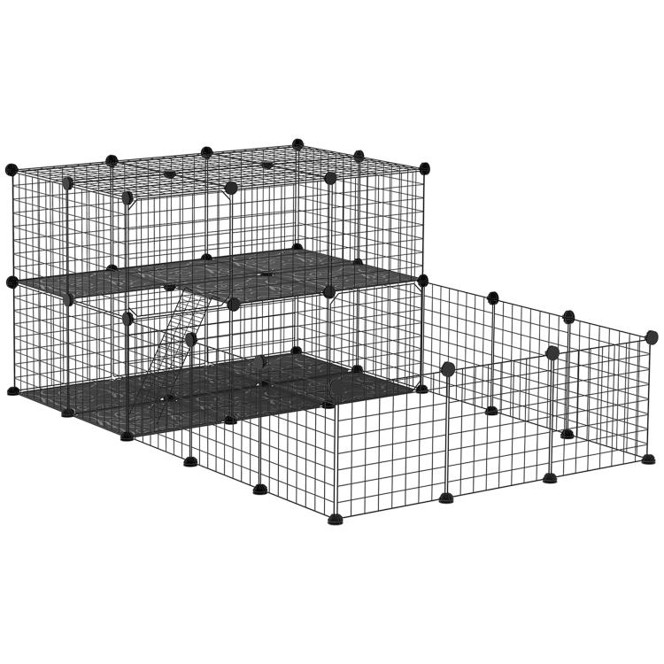 Black metal pet playpen with door, wire mesh walls, and raised platforms