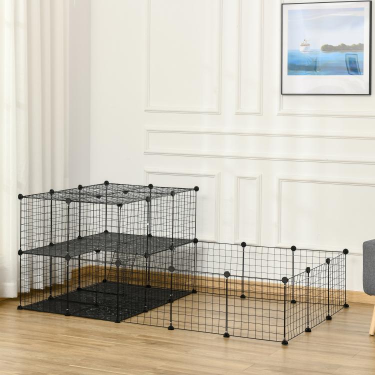 Black metal pet playpen with wire mesh sides, corner platform, and open doorway