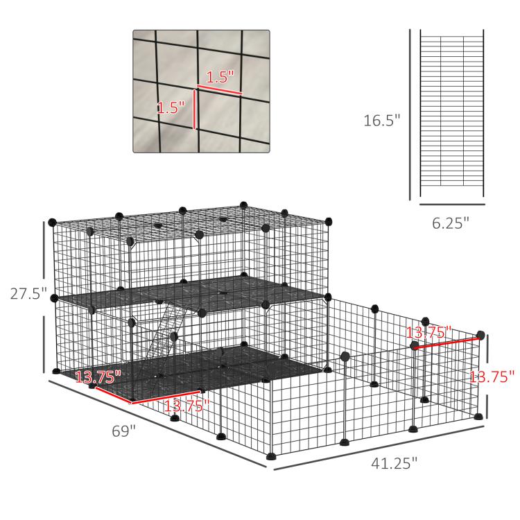 Black metal pet playpen with wire mesh, platform steps, and visible size dimensions