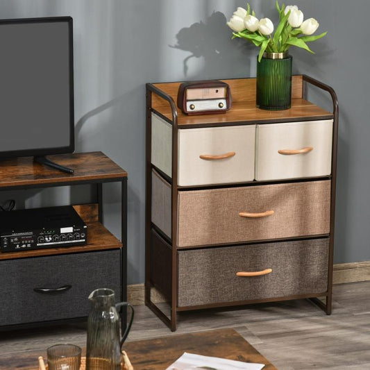 4-drawer dresser with wood top and light tan, beige, and dark fabric drawers