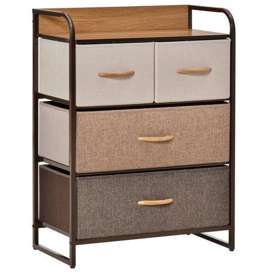 Multicolored 4-drawer dresser with wood top, steel frame, and curved wooden handles