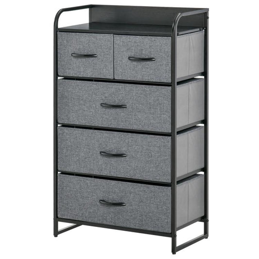 Gray 5-drawer chest dresser with black steel frame, fabric bins, and curved handles