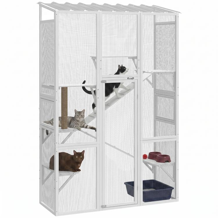 Large outdoor wooden cat enclosure with mesh panels, platforms, ramps, and scratching post