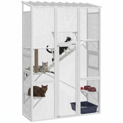 Large outdoor wooden cat enclosure with mesh panels, platforms, ramps, and scratching post