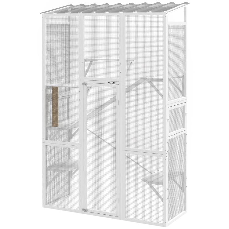 White cat enclosure with multiple levels, mesh doors, and slanted ramp access